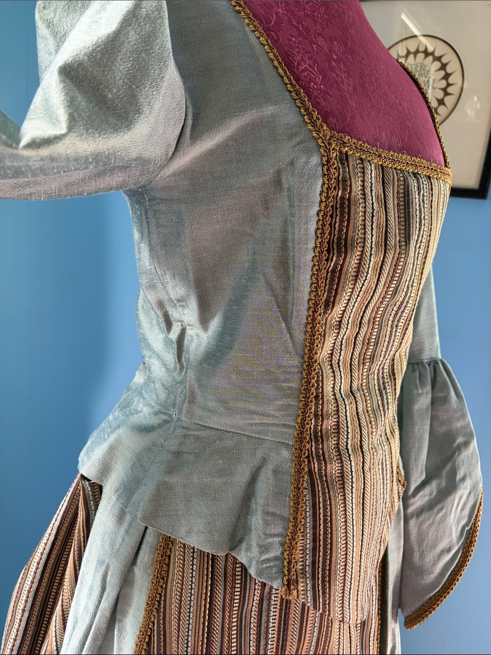 Period colonial costume dress in ice blue and brown - Picture 7 of 12